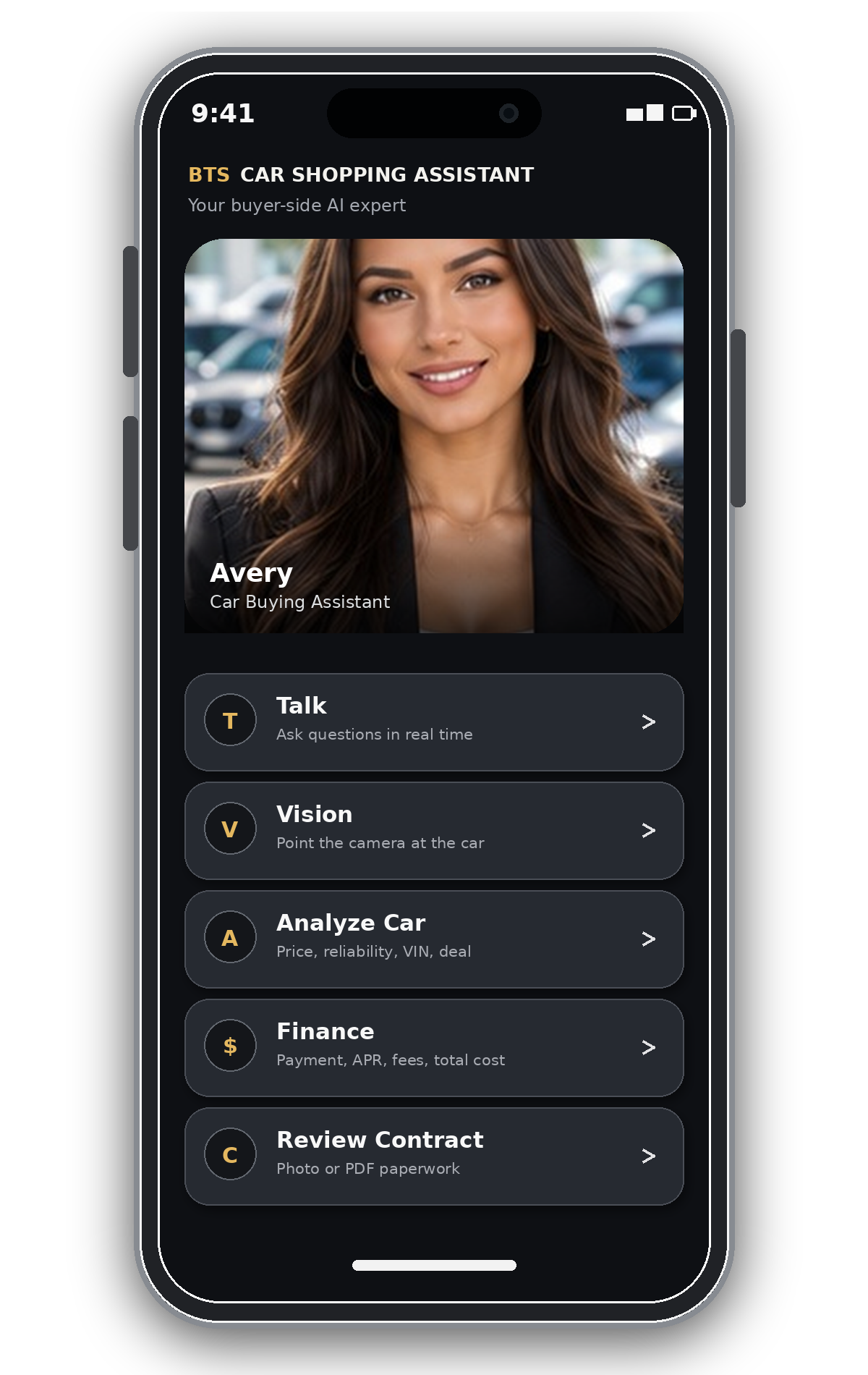 Phone showing the BTS Car Shopping Assistant with a photo-real car buying assistant and app controls